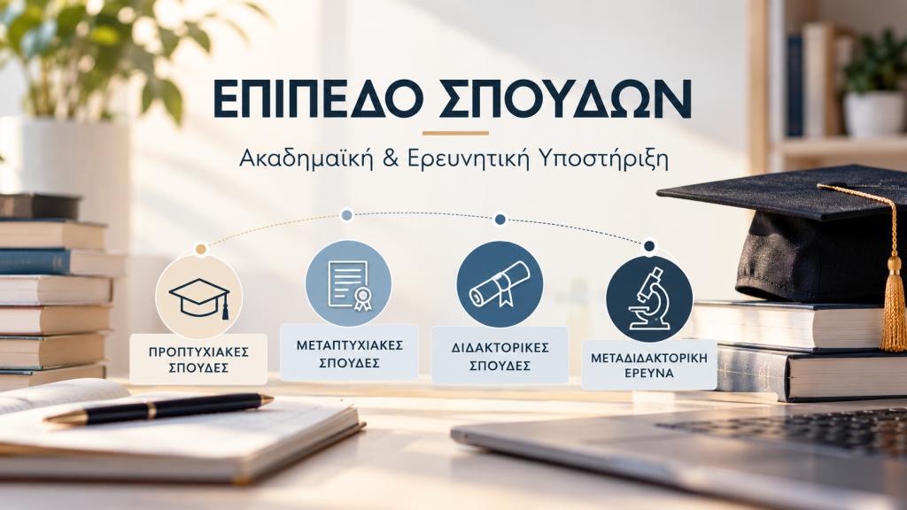 Επίπεδο σπουδών και ακαδημαϊκή υποστήριξη για προπτυχιακές, μεταπτυχιακές, διδακτορικές και μεταδιδακτορικές σπουδές